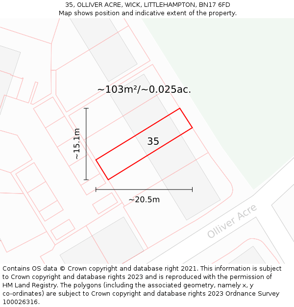 35, OLLIVER ACRE, WICK, LITTLEHAMPTON, BN17 6FD: Plot and title map