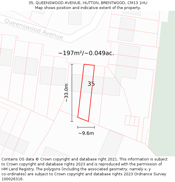 35, QUEENSWOOD AVENUE, HUTTON, BRENTWOOD, CM13 1HU: Plot and title map