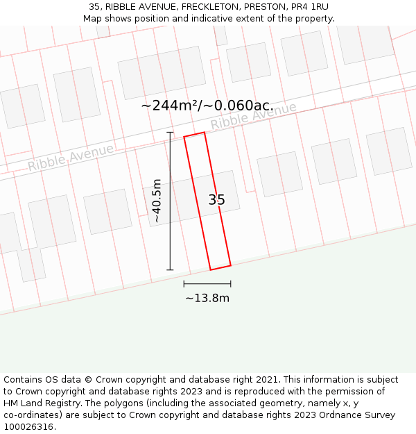 35, RIBBLE AVENUE, FRECKLETON, PRESTON, PR4 1RU: Plot and title map