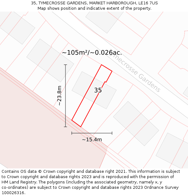35, TYMECROSSE GARDENS, MARKET HARBOROUGH, LE16 7US: Plot and title map