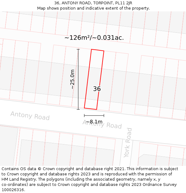 36, ANTONY ROAD, TORPOINT, PL11 2JR: Plot and title map