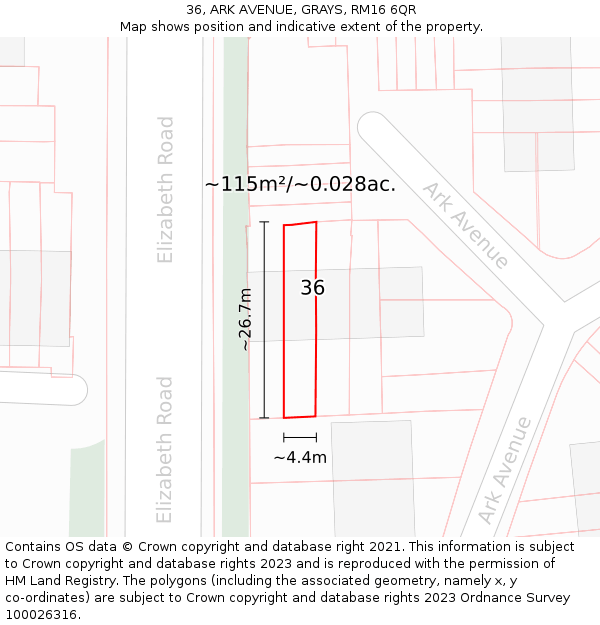 36, ARK AVENUE, GRAYS, RM16 6QR: Plot and title map
