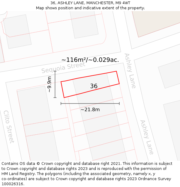 36, ASHLEY LANE, MANCHESTER, M9 4WT: Plot and title map