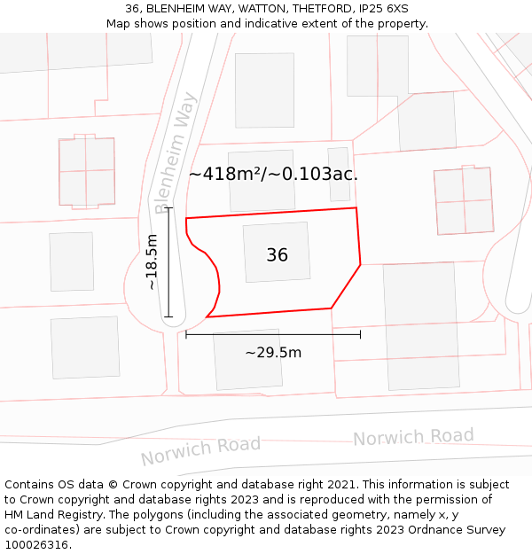 36, BLENHEIM WAY, WATTON, THETFORD, IP25 6XS: Plot and title map