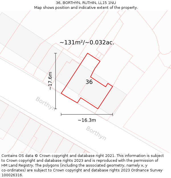 36, BORTHYN, RUTHIN, LL15 1NU: Plot and title map