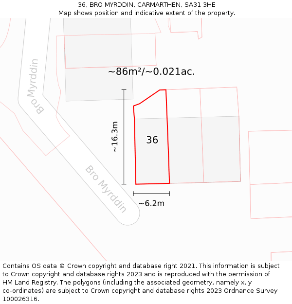 36, BRO MYRDDIN, CARMARTHEN, SA31 3HE: Plot and title map