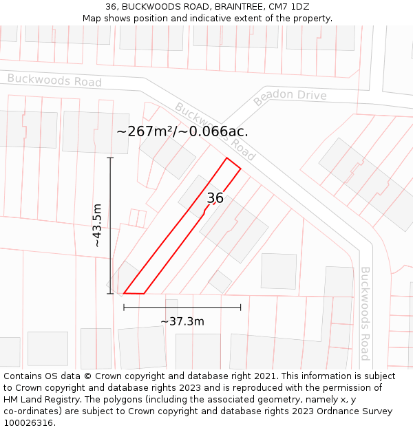 36, BUCKWOODS ROAD, BRAINTREE, CM7 1DZ: Plot and title map