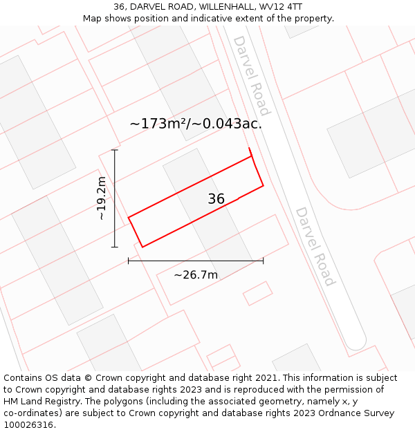 36, DARVEL ROAD, WILLENHALL, WV12 4TT: Plot and title map