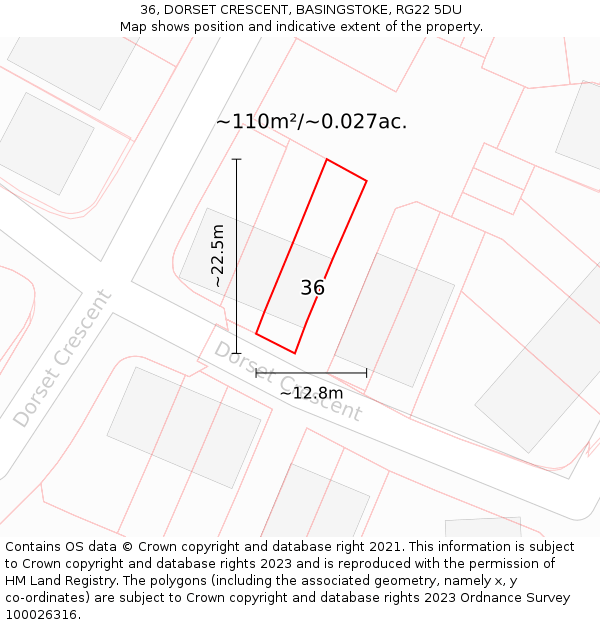 36, DORSET CRESCENT, BASINGSTOKE, RG22 5DU: Plot and title map