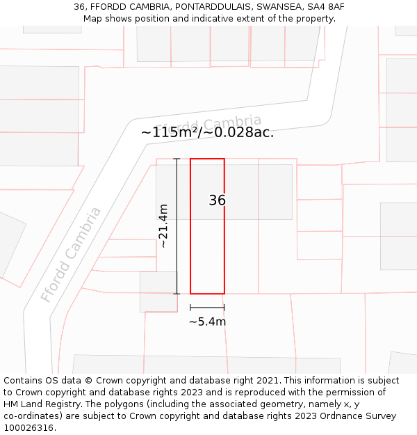 36, FFORDD CAMBRIA, PONTARDDULAIS, SWANSEA, SA4 8AF: Plot and title map