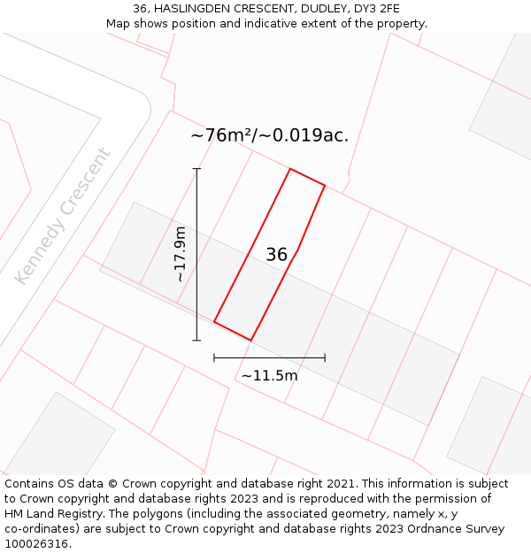 36, HASLINGDEN CRESCENT, DUDLEY, DY3 2FE: Plot and title map