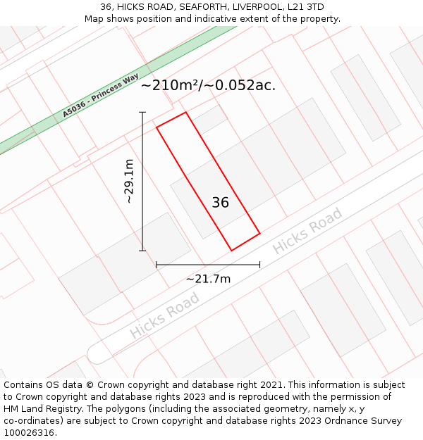 36, HICKS ROAD, SEAFORTH, LIVERPOOL, L21 3TD: Plot and title map