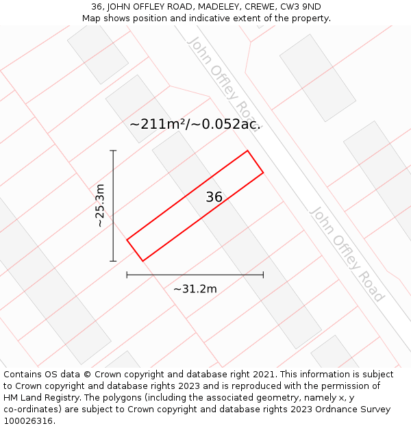 36, JOHN OFFLEY ROAD, MADELEY, CREWE, CW3 9ND: Plot and title map