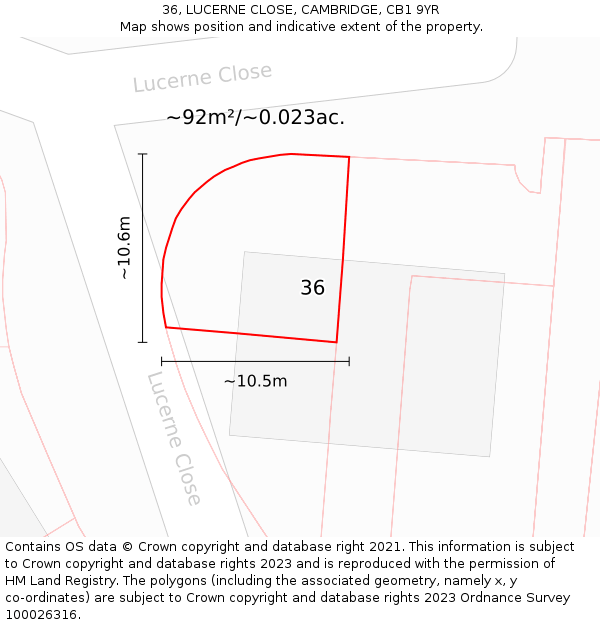 36, LUCERNE CLOSE, CAMBRIDGE, CB1 9YR: Plot and title map