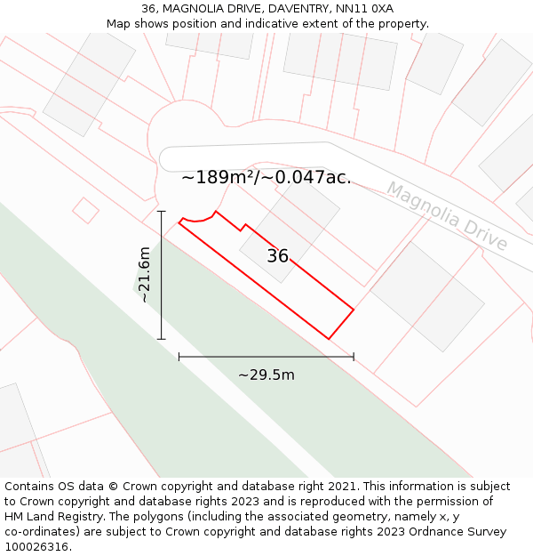 36, MAGNOLIA DRIVE, DAVENTRY, NN11 0XA: Plot and title map