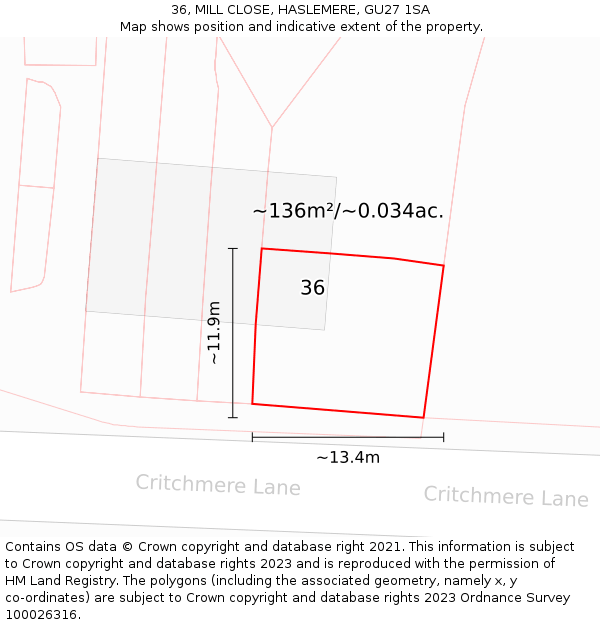 36, MILL CLOSE, HASLEMERE, GU27 1SA: Plot and title map