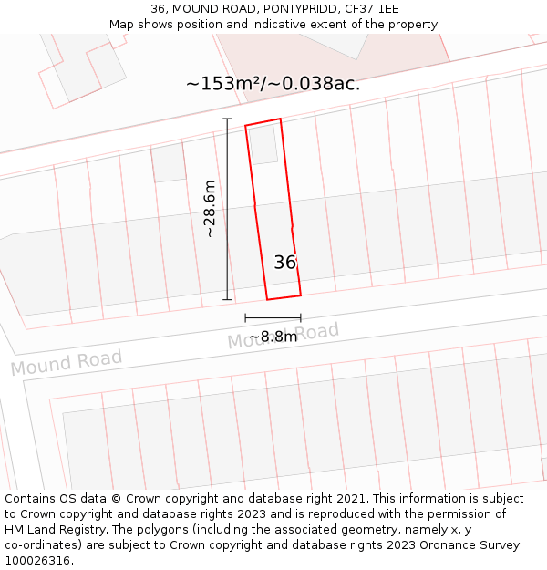 36, MOUND ROAD, PONTYPRIDD, CF37 1EE: Plot and title map