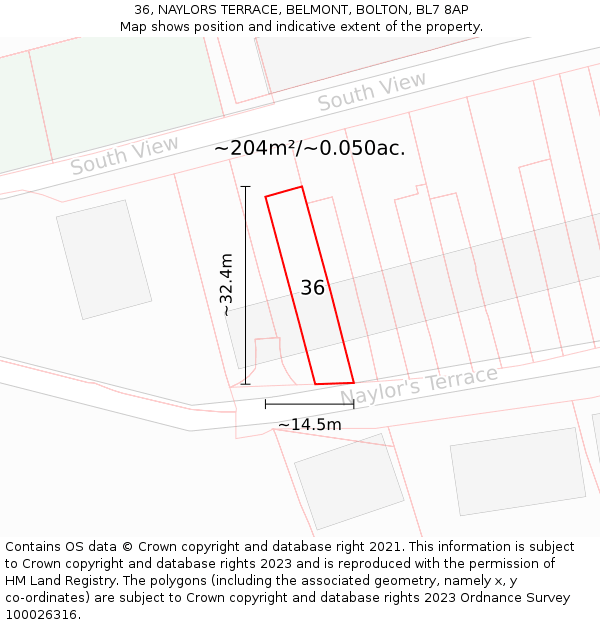 36, NAYLORS TERRACE, BELMONT, BOLTON, BL7 8AP: Plot and title map