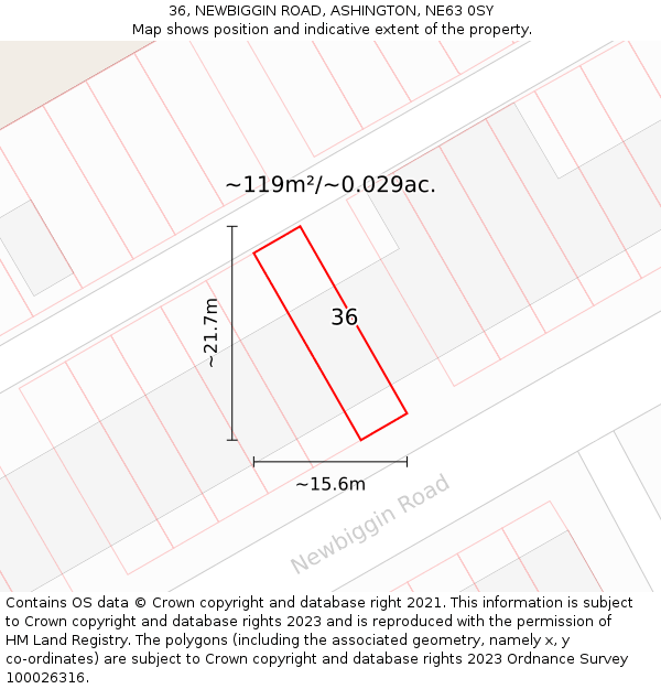 36, NEWBIGGIN ROAD, ASHINGTON, NE63 0SY: Plot and title map
