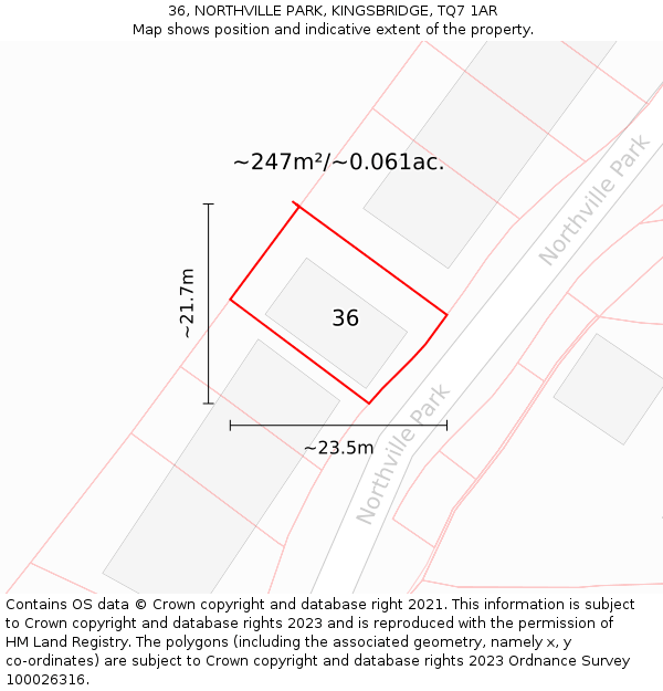 36, NORTHVILLE PARK, KINGSBRIDGE, TQ7 1AR: Plot and title map