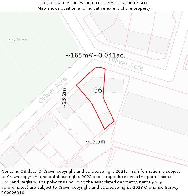 36, OLLIVER ACRE, WICK, LITTLEHAMPTON, BN17 6FD: Plot and title map