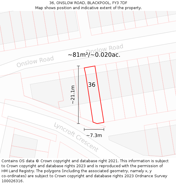 36, ONSLOW ROAD, BLACKPOOL, FY3 7DF: Plot and title map