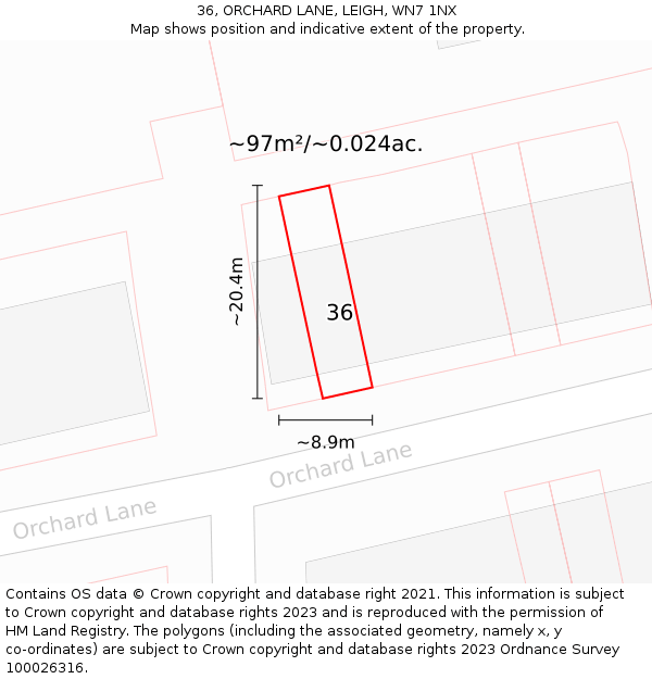 36, ORCHARD LANE, LEIGH, WN7 1NX: Plot and title map