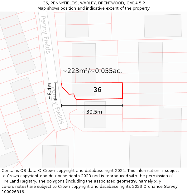 36, PENNYFIELDS, WARLEY, BRENTWOOD, CM14 5JP: Plot and title map