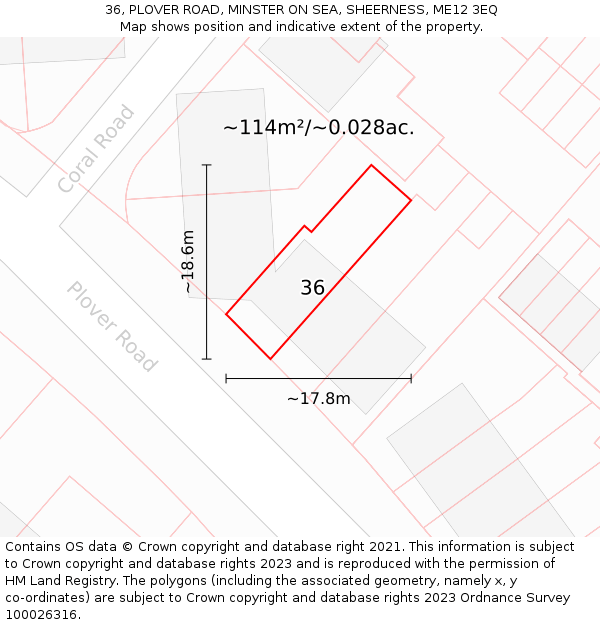 36, PLOVER ROAD, MINSTER ON SEA, SHEERNESS, ME12 3EQ: Plot and title map