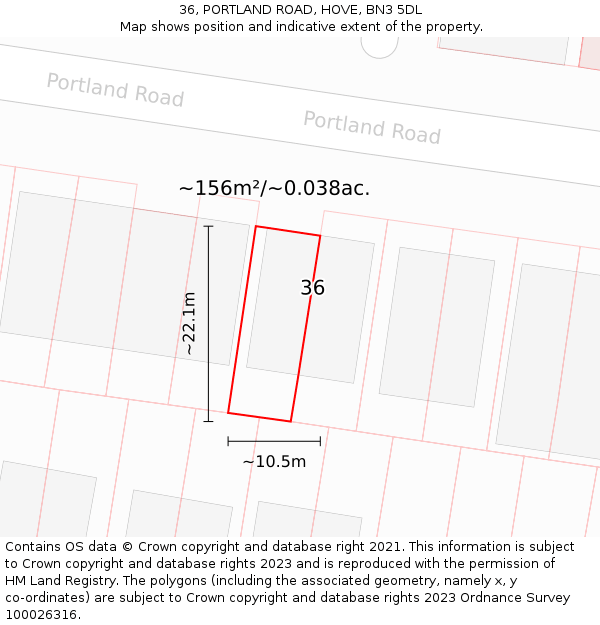 36, PORTLAND ROAD, HOVE, BN3 5DL: Plot and title map