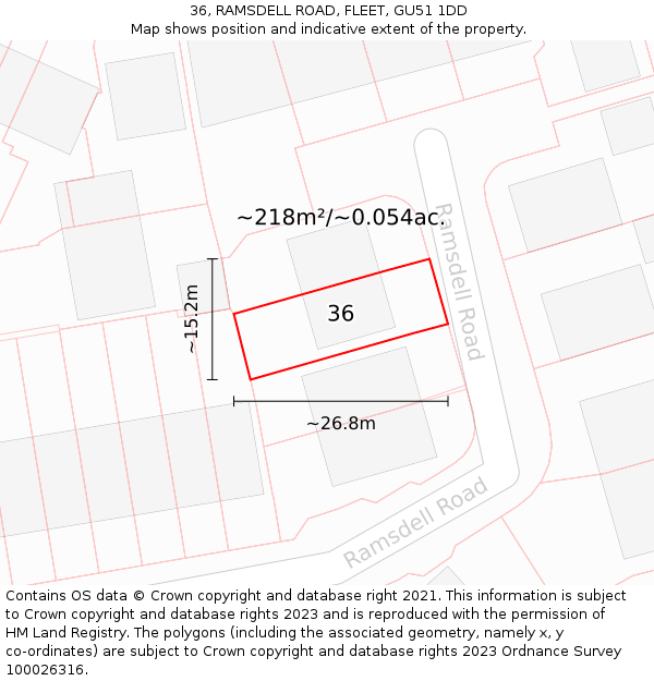 36, RAMSDELL ROAD, FLEET, GU51 1DD: Plot and title map