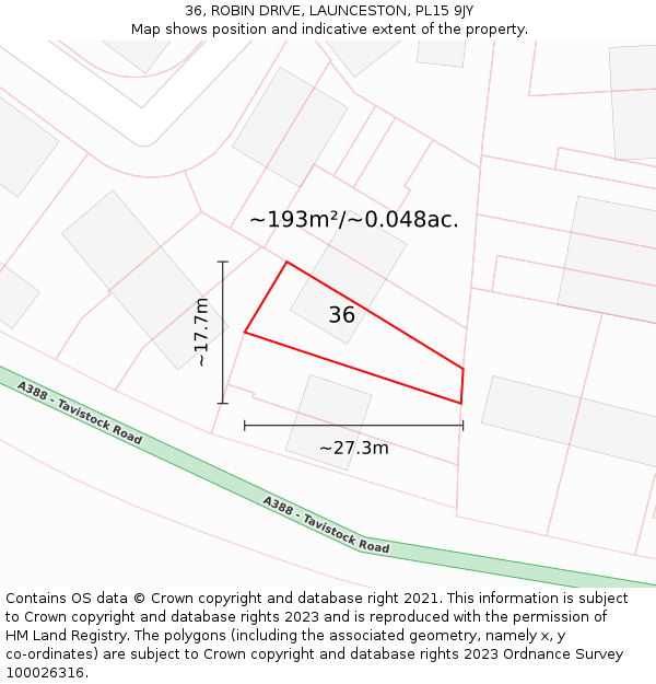 36, ROBIN DRIVE, LAUNCESTON, PL15 9JY: Plot and title map