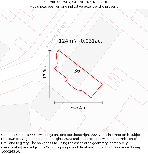 36, ROPERY ROAD, GATESHEAD, NE8 2HP: Plot and title map