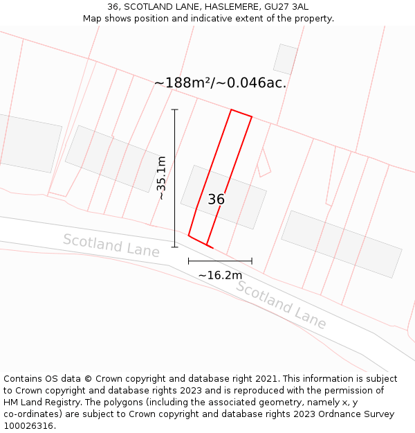 36, SCOTLAND LANE, HASLEMERE, GU27 3AL: Plot and title map