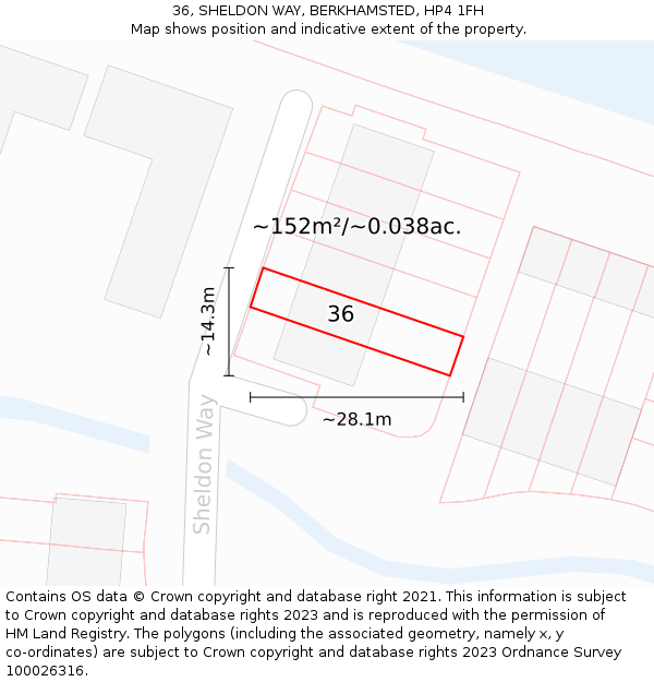 36, SHELDON WAY, BERKHAMSTED, HP4 1FH: Plot and title map