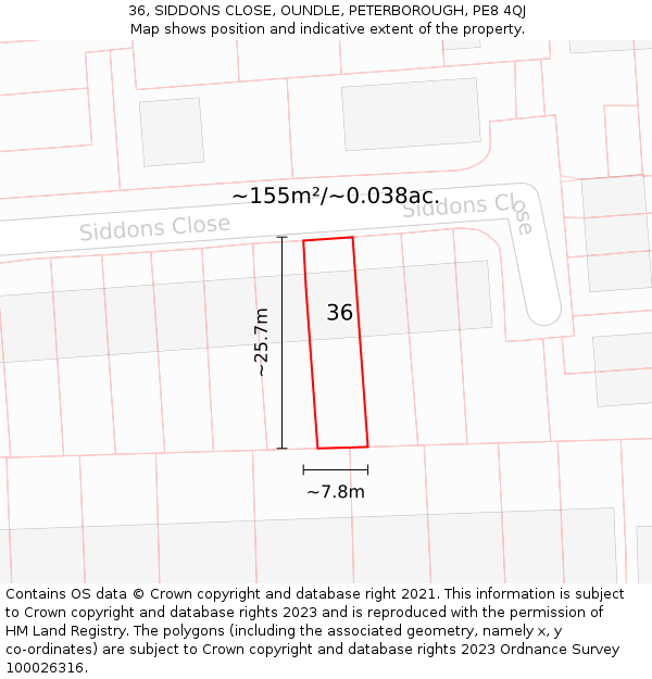 36, SIDDONS CLOSE, OUNDLE, PETERBOROUGH, PE8 4QJ: Plot and title map