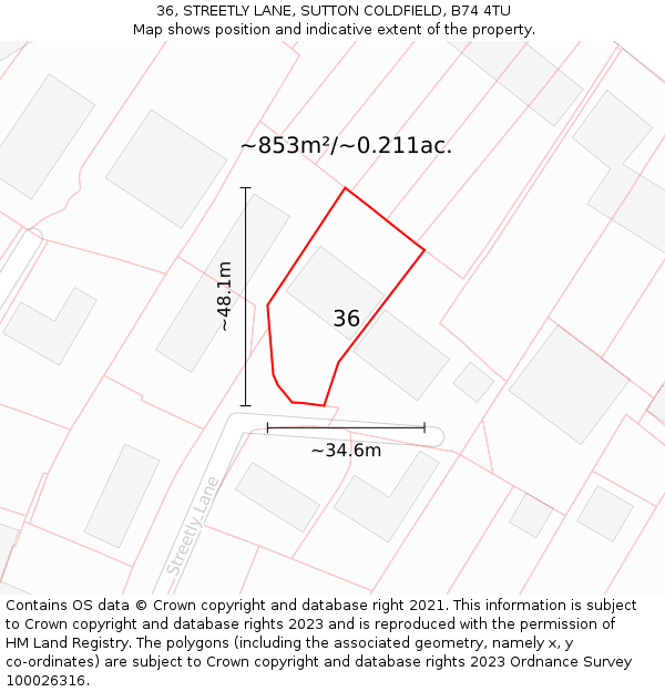 36, STREETLY LANE, SUTTON COLDFIELD, B74 4TU: Plot and title map