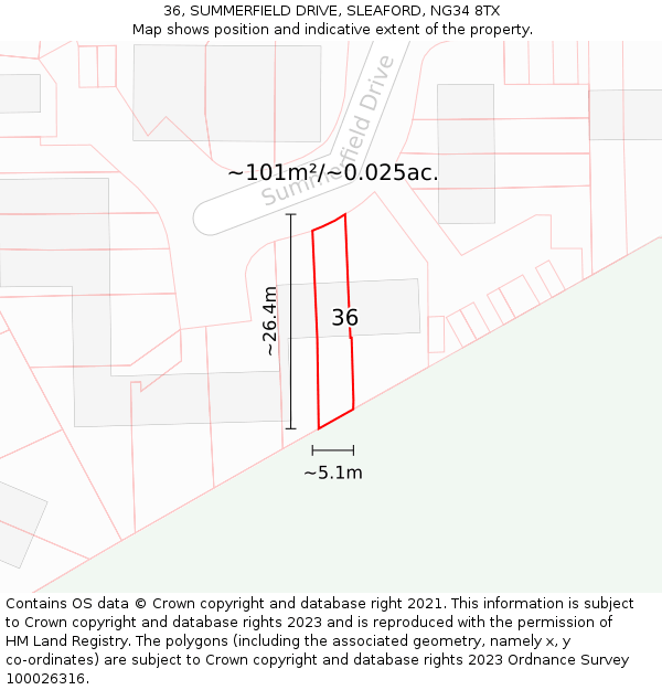 36, SUMMERFIELD DRIVE, SLEAFORD, NG34 8TX: Plot and title map