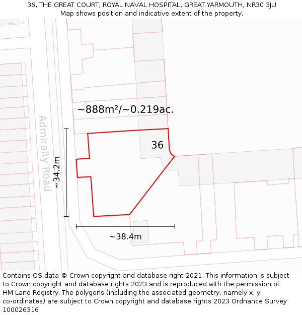 36, THE GREAT COURT, ROYAL NAVAL HOSPITAL, GREAT YARMOUTH, NR30 3JU: Plot and title map