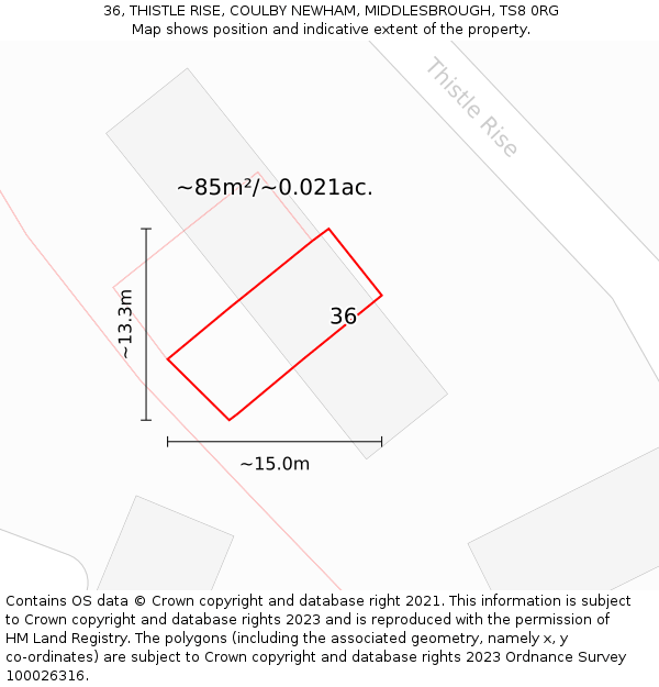 36, THISTLE RISE, COULBY NEWHAM, MIDDLESBROUGH, TS8 0RG: Plot and title map