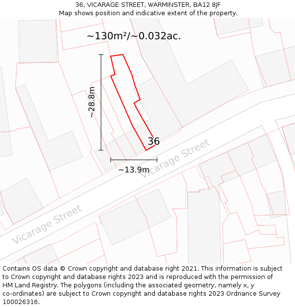 36, VICARAGE STREET, WARMINSTER, BA12 8JF: Plot and title map