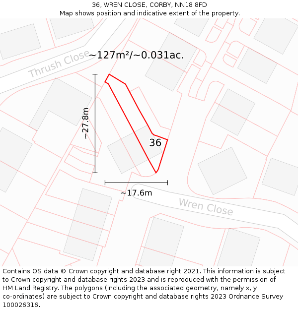 36, WREN CLOSE, CORBY, NN18 8FD: Plot and title map