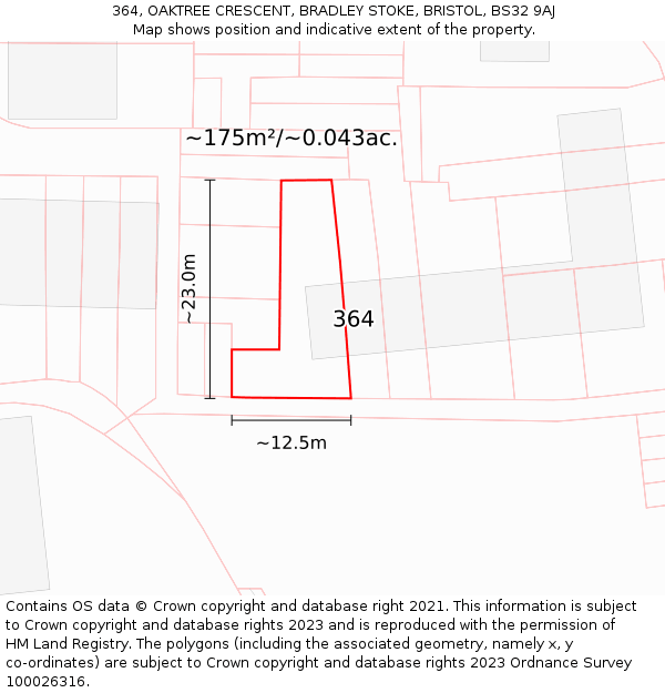 364, OAKTREE CRESCENT, BRADLEY STOKE, BRISTOL, BS32 9AJ: Plot and title map