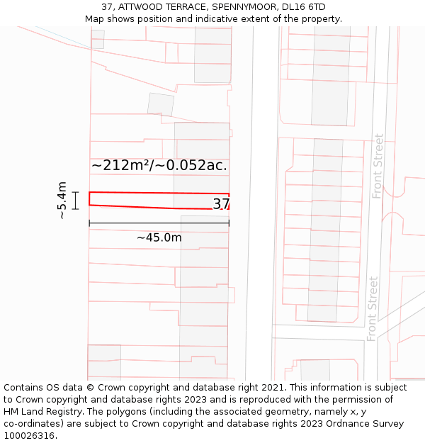 37, ATTWOOD TERRACE, SPENNYMOOR, DL16 6TD: Plot and title map