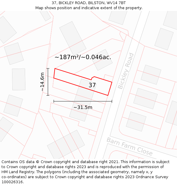 37, BICKLEY ROAD, BILSTON, WV14 7BT: Plot and title map