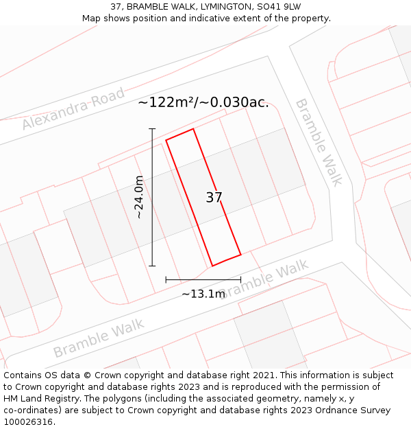 37, BRAMBLE WALK, LYMINGTON, SO41 9LW: Plot and title map