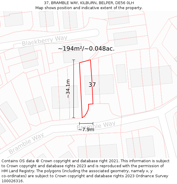 37, BRAMBLE WAY, KILBURN, BELPER, DE56 0LH: Plot and title map