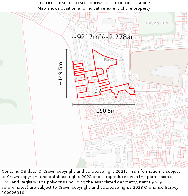 37, BUTTERMERE ROAD, FARNWORTH, BOLTON, BL4 0PP: Plot and title map