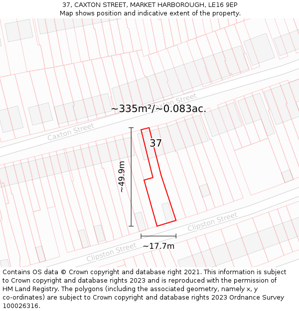 37, CAXTON STREET, MARKET HARBOROUGH, LE16 9EP: Plot and title map