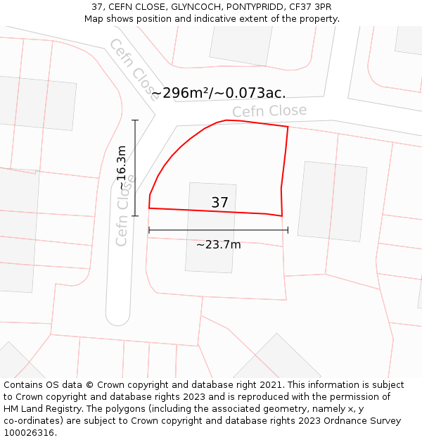 37, CEFN CLOSE, GLYNCOCH, PONTYPRIDD, CF37 3PR: Plot and title map